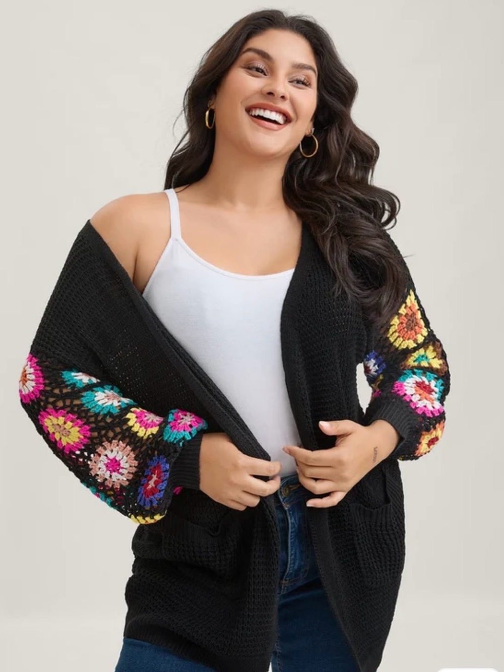 BloomChic Crochet Floral Granny Square Cardigan Black Size 10 NWT
